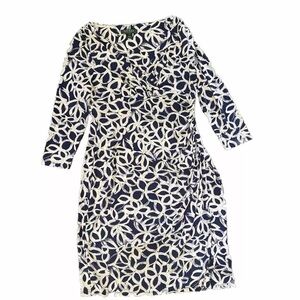 Lauren Ralph Lauren Women's Size 10 Navy Blue Elsie Faux Wrap Dress-3/4 Sleeve